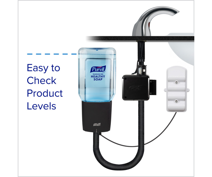 A soap dispenser system with a blue refillable container, tubing, and components installed under a sink faucet. PURELL HEALTHY SOAP™ REDIFOAM™ Foam Soap (2000 ml., 2/Case)